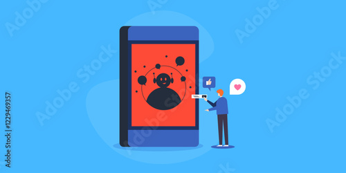 Customer interaction with chatbot on mobile screen, AI technology virtual assistant concept. Vector illustration banner.