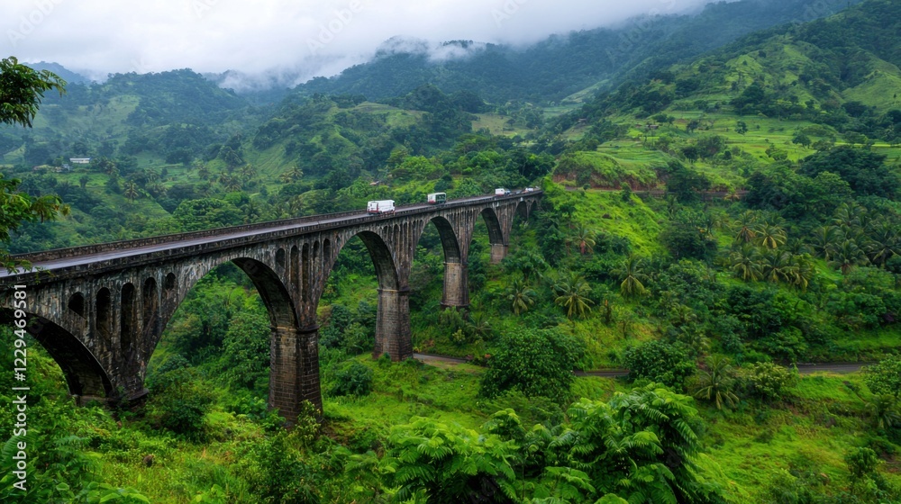 A breathtaking view of a lush landscape with a majestic bridge spanning green hills under a cloudy sky. A breathtaking view of a lush landscape with a majestic bridge spanning green hills under a cloudy sky.