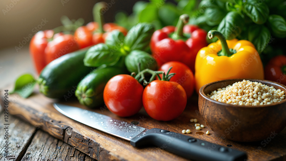 Vibrant Fresh Vegetables and Ingredients on Rustic Table for Healthy Food Concept, Ideal for Nutrition Blogs, Recipe Websites, and Wellness Brand Campaigns Vibrant Fresh Vegetables and Ingredients on Rustic Table for Healthy Food Concept, Ideal for Nutrition Blogs, Recipe Websites, and Wellness Brand Campaigns