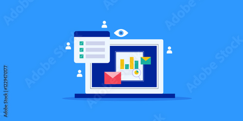 Email marketing report on laptop screen, measure email campaign response and success rate concept, e-business solution. Vector illustration web banner.