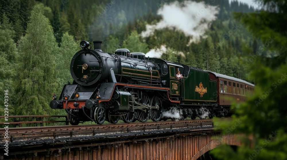 Obraz premium A classic steam train chugs along a scenic mountainous route, surrounded by lush greenery and conveying a sense of adventure.