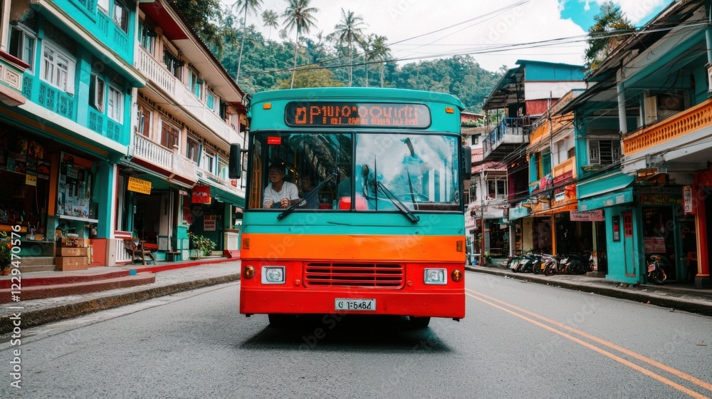 A colorful bus navigating through a vibrant street, showcasing local architecture and a lively atmosphere in a city. A colorful bus navigating through a vibrant street, showcasing local architecture and a lively atmosphere in a city.