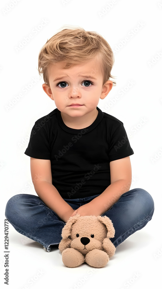 Toddler sits calmly with legs crossed, holding a stuffed animal, against a white backdrop. Toddler sits calmly with legs crossed, holding a stuffed animal, against a white backdrop.