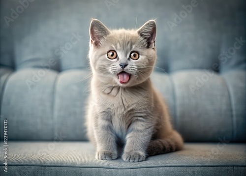 A cheeky British kitten, tongue lolling, sprawls comically on a minimalist couch. photo