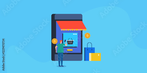 Online shopping via mobile app purchase concept. Vector illustration ecommerce concept.