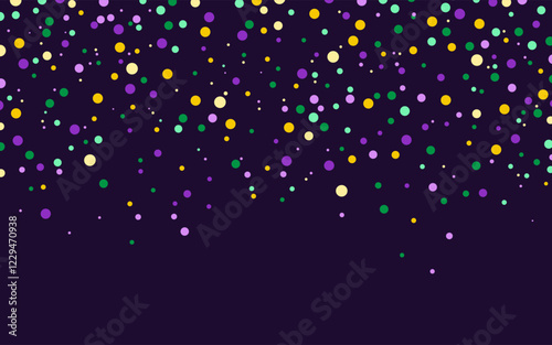 Carnival confetti background vector 
illustration, colorful beads isolated on purple 
for Mardi Gras festival celebration confetti, 
decorations, border, social media, web & print