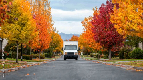 A delivery truck moves through a suburban street adorned with vibrant autumn foliage and cloudy skies, embodying seasonal change.
