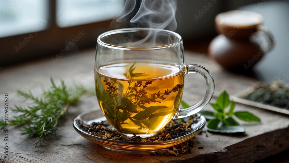 Aromatic herbal tea in a transparent glass cup Aromatic herbal tea in a transparent glass cup