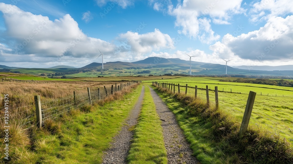 Fototapeta premium Tranquil pathway through lush green fields in serene countryside