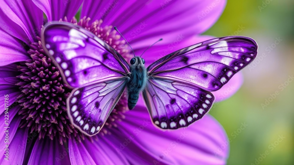 Obraz premium Detailed shot of a beautiful purple violet butterfly resting on a large purple flower with intricate details, butterfly, purple