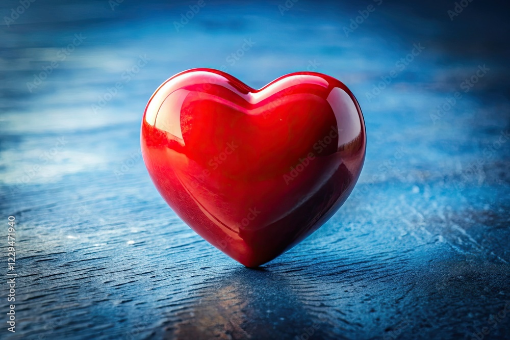 Red Heart on Blue Background AI Photo, Glossy Heart, Copy Space