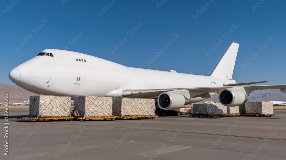 A large white cargo airplane parked on a sunny tarmac, loaded with multiple pallets, under a clear blue sky. A large white cargo airplane parked on a sunny tarmac, loaded with multiple pallets, under a clear blue sky.