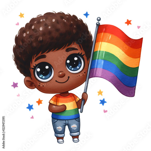 Celebrating pride with a young child holding a rainbow flag urban park illustration joyful bright