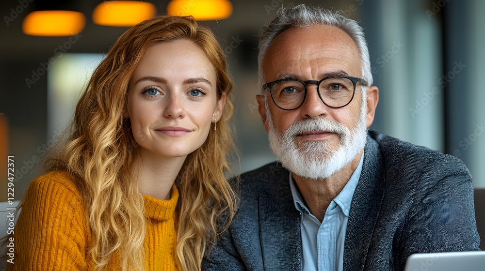 Confident colleagues collaborate, office background