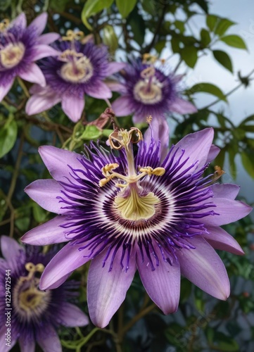 dramatic view of exotic purple flowers on passion flower vines, bloom, exotic, purple