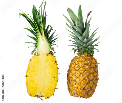 A close up of a whole pineapple and a cut pineapple. The cut pineapple is showing the inside of the fruit