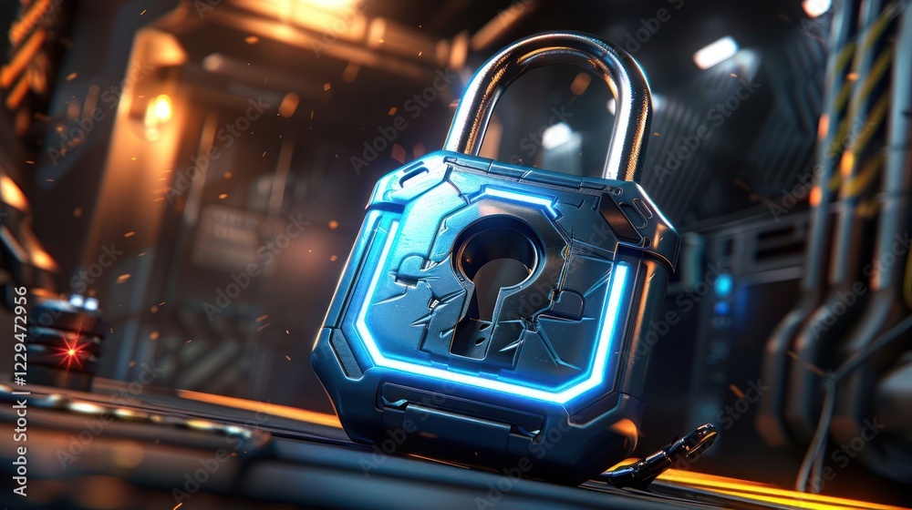Futuristic blue padlock with glowing accents on a high-tech background, symbolizing security Futuristic blue padlock with glowing accents on a high-tech background, symbolizing security