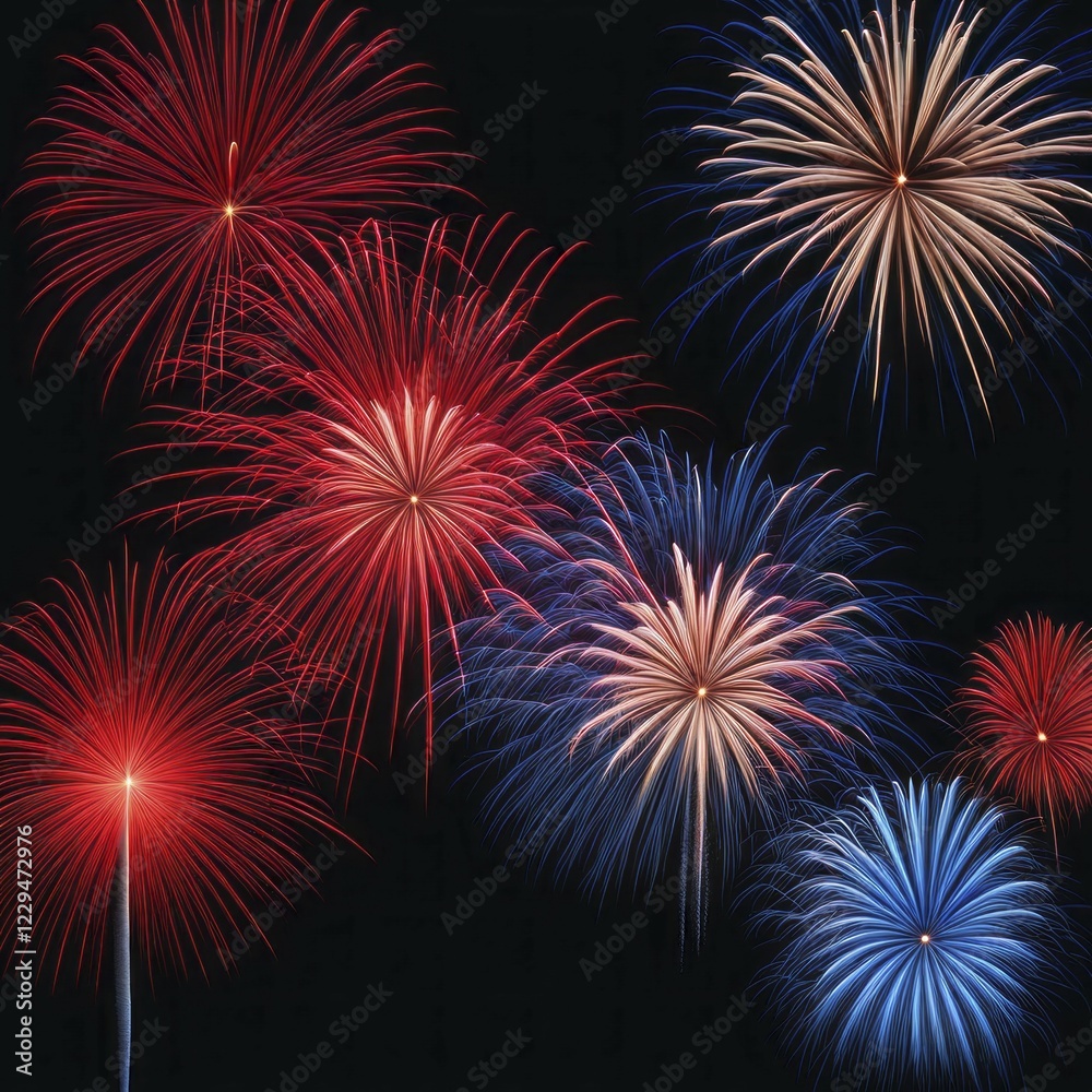 Bright red and blue fireworks in the night sky, marking a festive celebration, AI generated Bright red and blue fireworks in the night sky, marking a festive celebration, AI generated