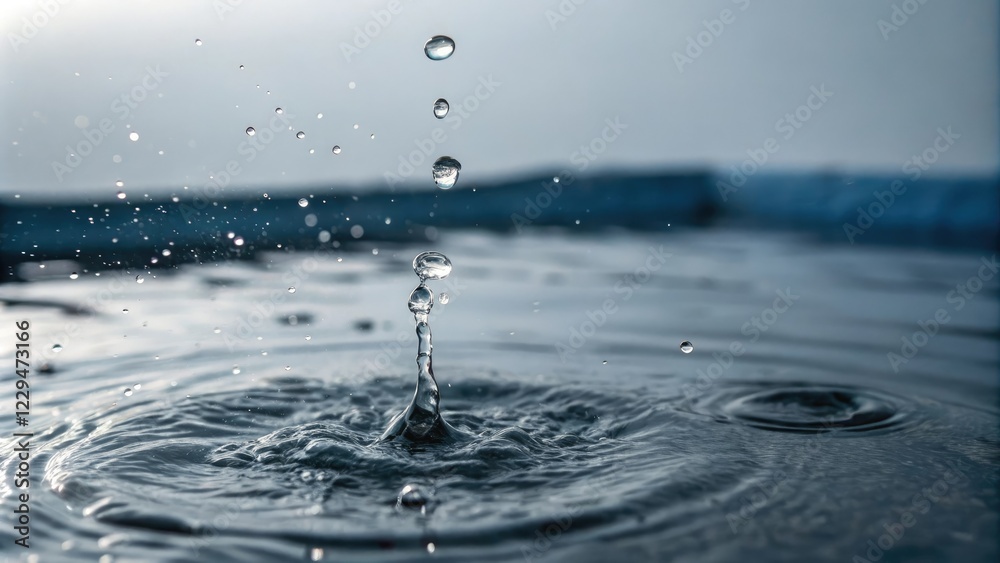 Droplets of clear water suspended in mid-air as they fall from a raindrop onto a dark blue-gray surface, blue, texture Droplets of clear water suspended in mid-air as they fall from a raindrop onto a dark blue-gray surface, blue, texture
