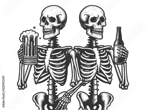 skeletons toasting beer mugs, featuring unique hats and humorous expressions, celebrating life sketch engraving generative ai vector illustration. Scratch board imitation. Black and white image.