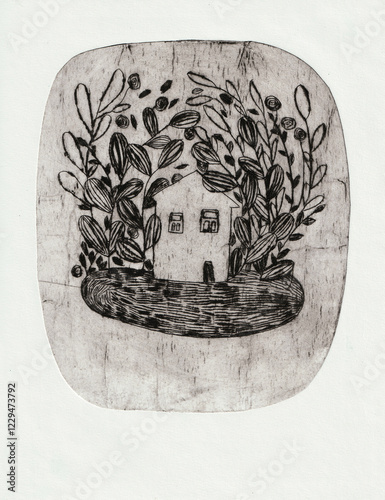 A house with a lot of plants around it, made in dry point technique , milk carton printing