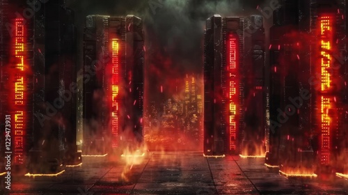 Futuristic cityscape with glowing monoliths and fiery ambiance, suggesting a dystopian environment