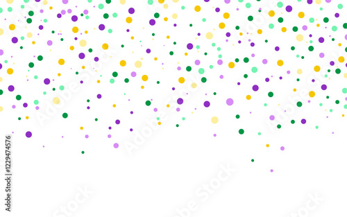 Confetti background vector isolated on white, 
colorful circles, dots, falling, purple, green, beads 
for Mardi Gras Carnival celebration backdrop, 
border, decorations, digital, web & print