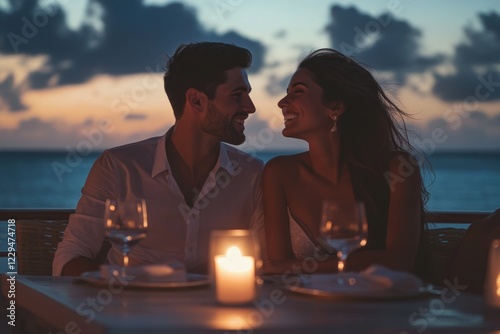 Romantic Sunset Dinner Date: A Couple's Serene Evening by the Ocean