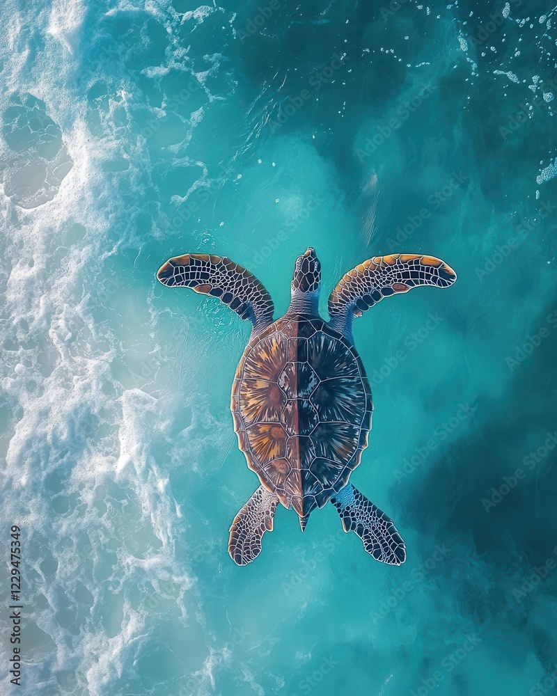 Fototapeta premium Aerial View of a Majestic Sea Turtle Swimming Gracefully in Clear Blue Ocean Water Reflecting Sunlight and Surrounded by Gentle Waves