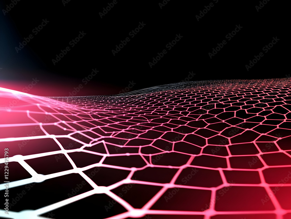 Fototapeta premium Abstract 3D Wireframe Mesh Waves Elegantly Across a Dark Background with Soft Red Lighting.