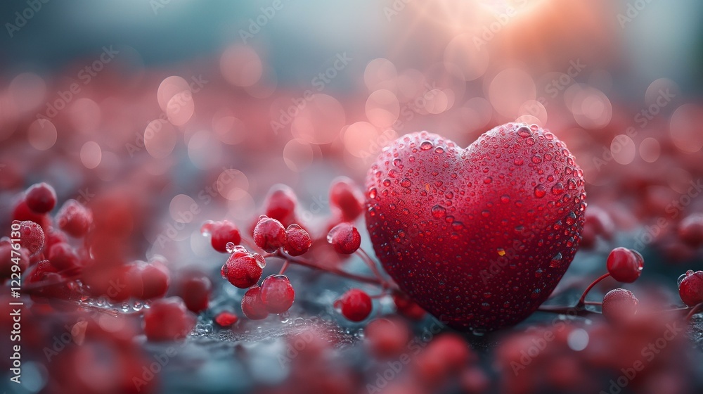 A Red Heart Covered in Dew Drops Among Red Berries in a Romantic Setting A Red Heart Covered in Dew Drops Among Red Berries in a Romantic Setting