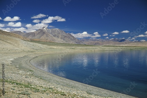 Bank of the high-altitude lake Tso Moriri, Tsomoriri or Lake Moriri, Changtang or Changthang, Ladakh, Indian Himalayas, Jammu and Kashmir, North India, India, Asia photo