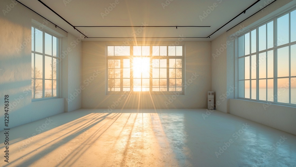 Fototapeta premium Bright sunlight floods minimalist empty room through windows