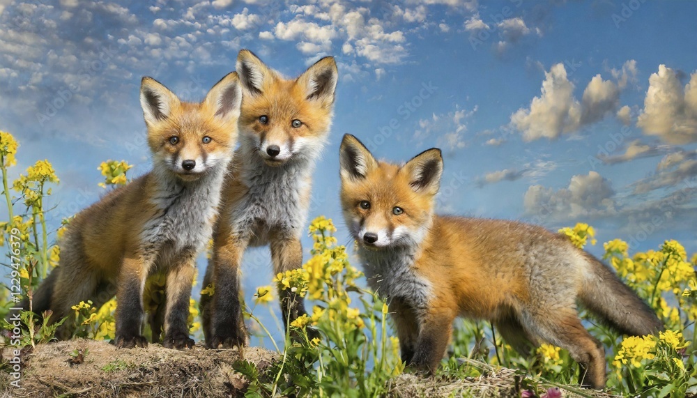 Fototapeta premium AI generated, animal, animals, mammal, mammals, biotope, habitat, three, red foxes (Vulpes vulpes)
