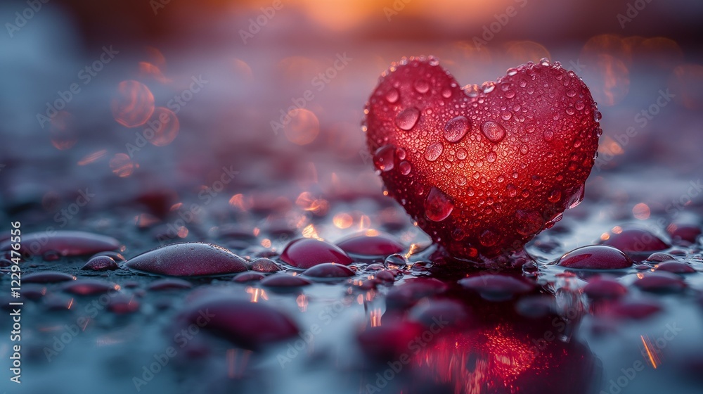 A Red Heart Covered in Dew Drops at Sunset on a Dark Surface A Red Heart Covered in Dew Drops at Sunset on a Dark Surface