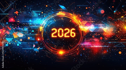 A vibrant digital representation of the year 2026, featuring glowing geometric shapes and a futuristic background, symbolizing innovation and progress