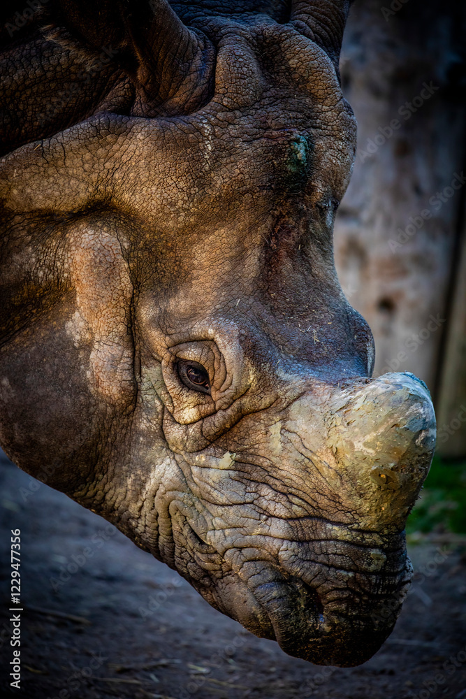 Fototapeta premium the closeup image of Indian rhinoceros (Rhinoceros unicornis). It is the second largest living rhinoceros species. It is native to the Indo-Gangetic Plain 