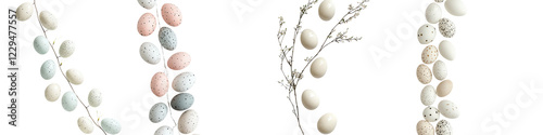 Peaceful and tranquil minimal arrangement of organic natural elements including branches leaves seeds and spherical oval shapes in a soft delicate and harmonious composition photo