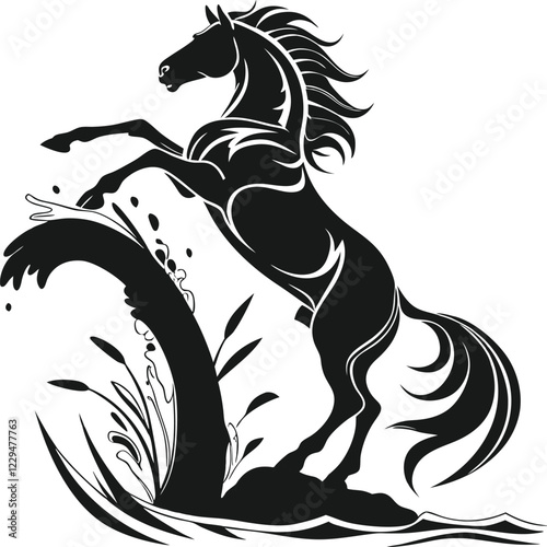 Rearing Horse Silhouette with Flowing Mane and Splashing Water in Tribal Style