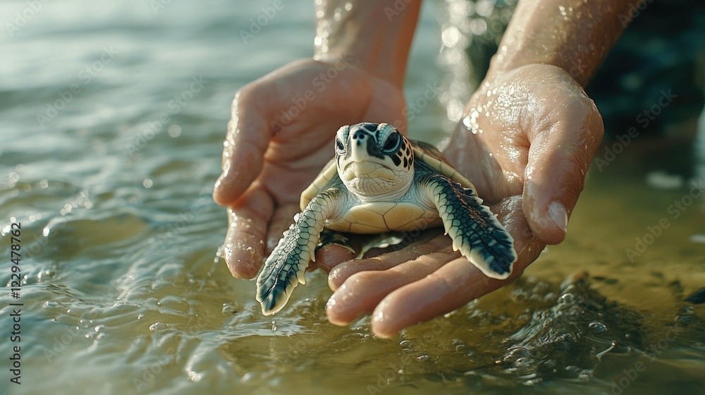 Fototapeta premium Caring for a baby sea turtle on the shore during sunset at a coastal beach
