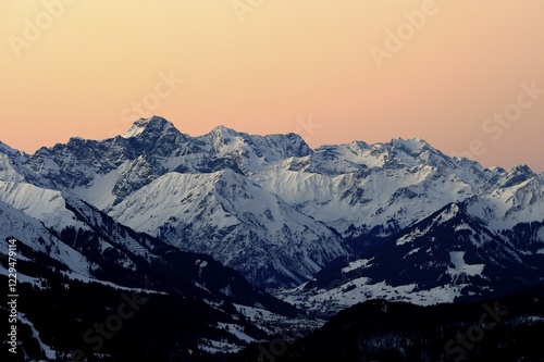 Panoramic view of mountain peaks, at sunset, Allgaeu Alps, Tyrol, Austria, Europe photo