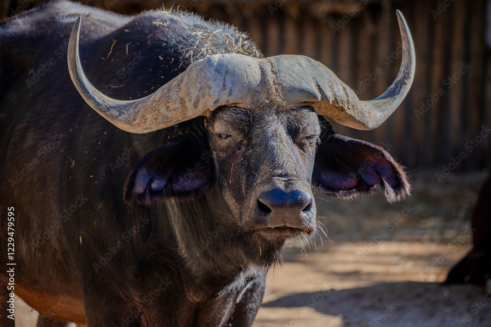 Naklejka premium The closeup image of african buffalo. it is a large Sub-Saharan African bovine. They are widely regarded as among the most dangerous animals on the African continent.