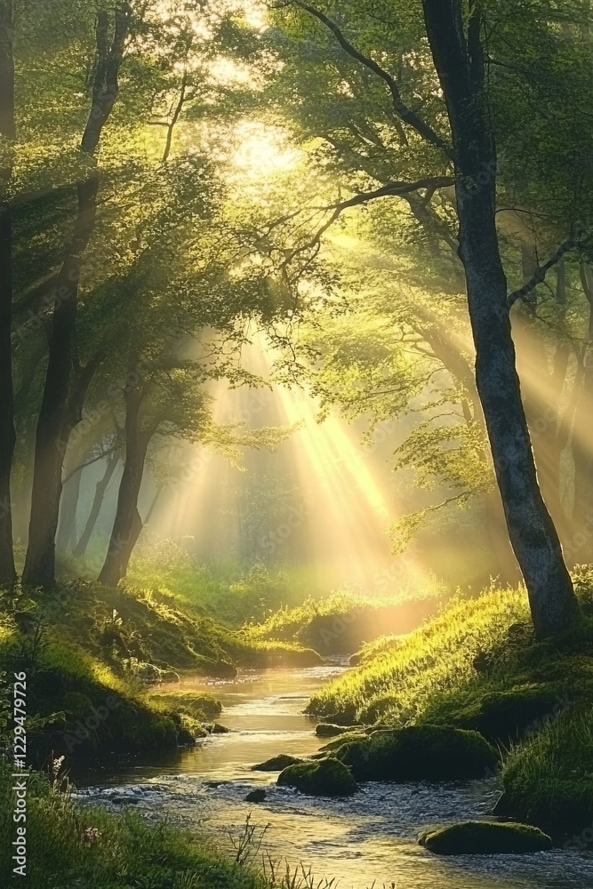 Obraz premium Sunlight streams through a lush green forest, illuminating a tranquil stream and creating a serene natural atmosphere.
