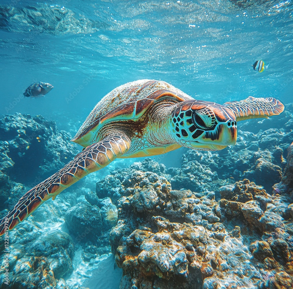 Obraz premium Beautiful Sea Turtle Swimming Gracefully in Clear Blue Ocean Water Among Coral Reefs with Colorful Fish in a Vibrant Marine Environment