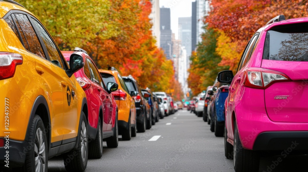 A vibrant street scene featuring colorful cars surrounded by autumn foliage in an urban setting. A vibrant street scene featuring colorful cars surrounded by autumn foliage in an urban setting.