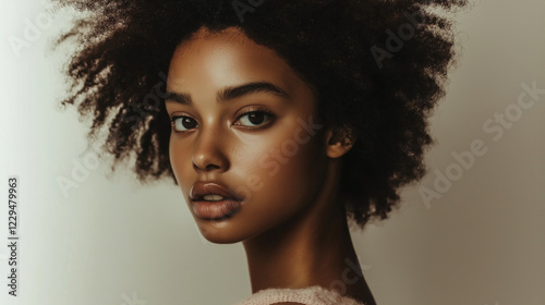 Studio portrait of young woman with afro hair, woman with glowing skin and voluminous curls, woman exuding natural beauty and confidence, woman captured in minimalist setting