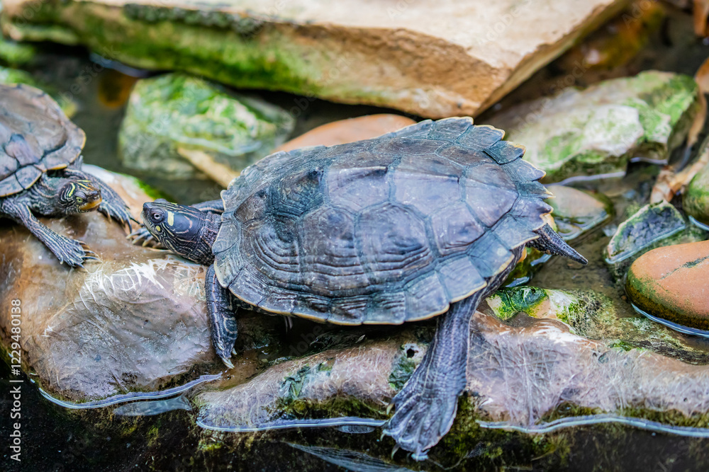Obraz premium The false map turtle (Graptemys pseudogeographica) is a species of turtle endemic to the United States. It is a common pet species. 