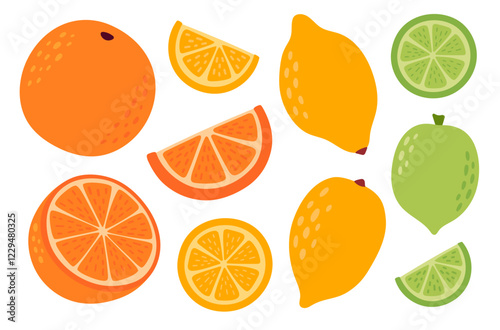 Set of different citrus fruits. Lemon, orange, lime, grapefruit. Whole, halves and slices. Collection of organic vitamins and healthy nutrition. Flat Vector illustration isolated on white background