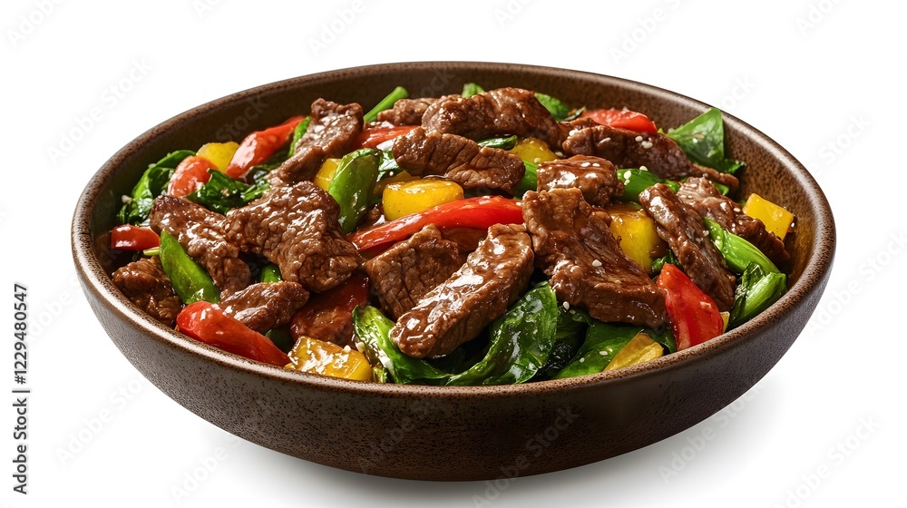 Savory Beef and Vegetable Stir Fry with Soy Sauce in a Brown Bowl on a White Background Savory Beef and Vegetable Stir Fry with Soy Sauce in a Brown Bowl on a White Background