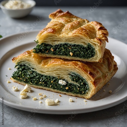 Pesto lasagna portion on a plate with creamy green layers and cheese Spanakopita, greek phyllo pastry pie with spinach and feta cheese filling.